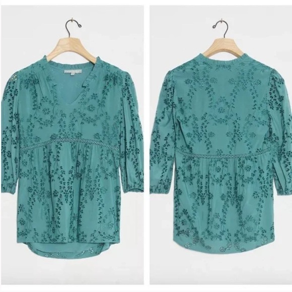 Anthropologie Daniel Rainn Cheyenne Eyelet Blouse in Teal Blue Small - Picture 9 of 10